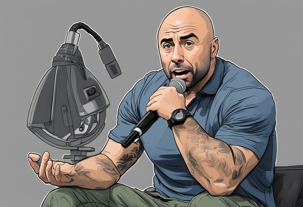 Joe Rogan passionately discusses war on his podcast, gesturing with intensity