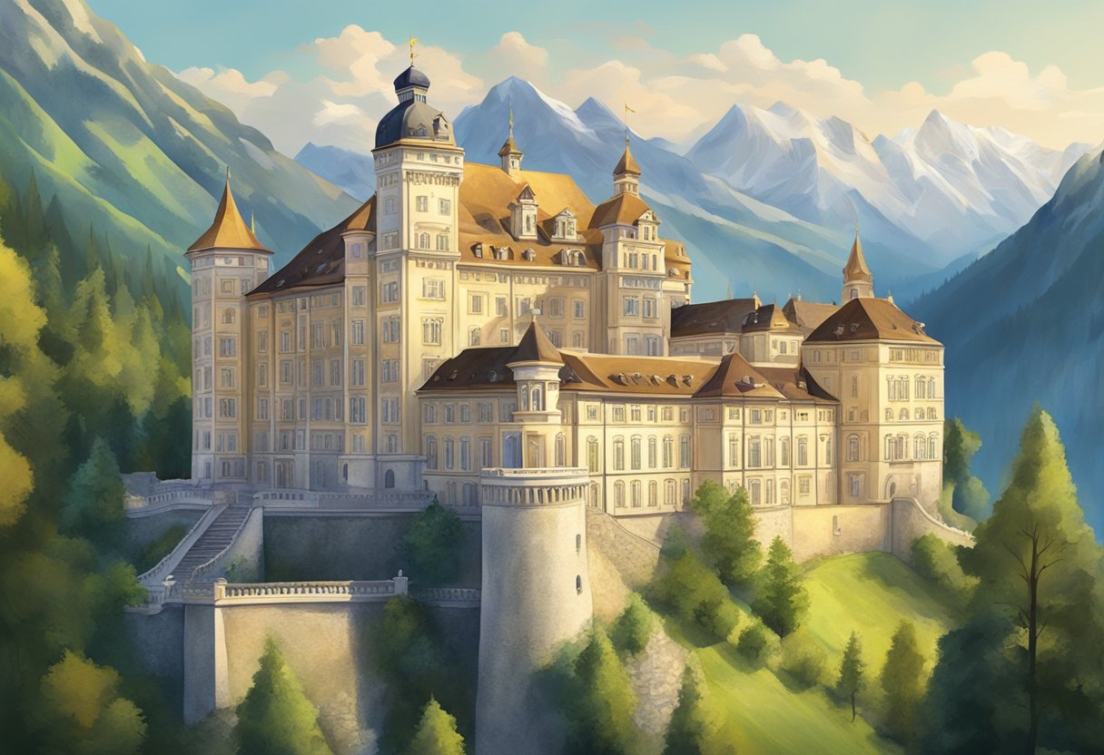 A majestic Austrian castle with a golden visa emblem displayed prominently at the entrance. Surrounding mountains and lush greenery add to the grandeur