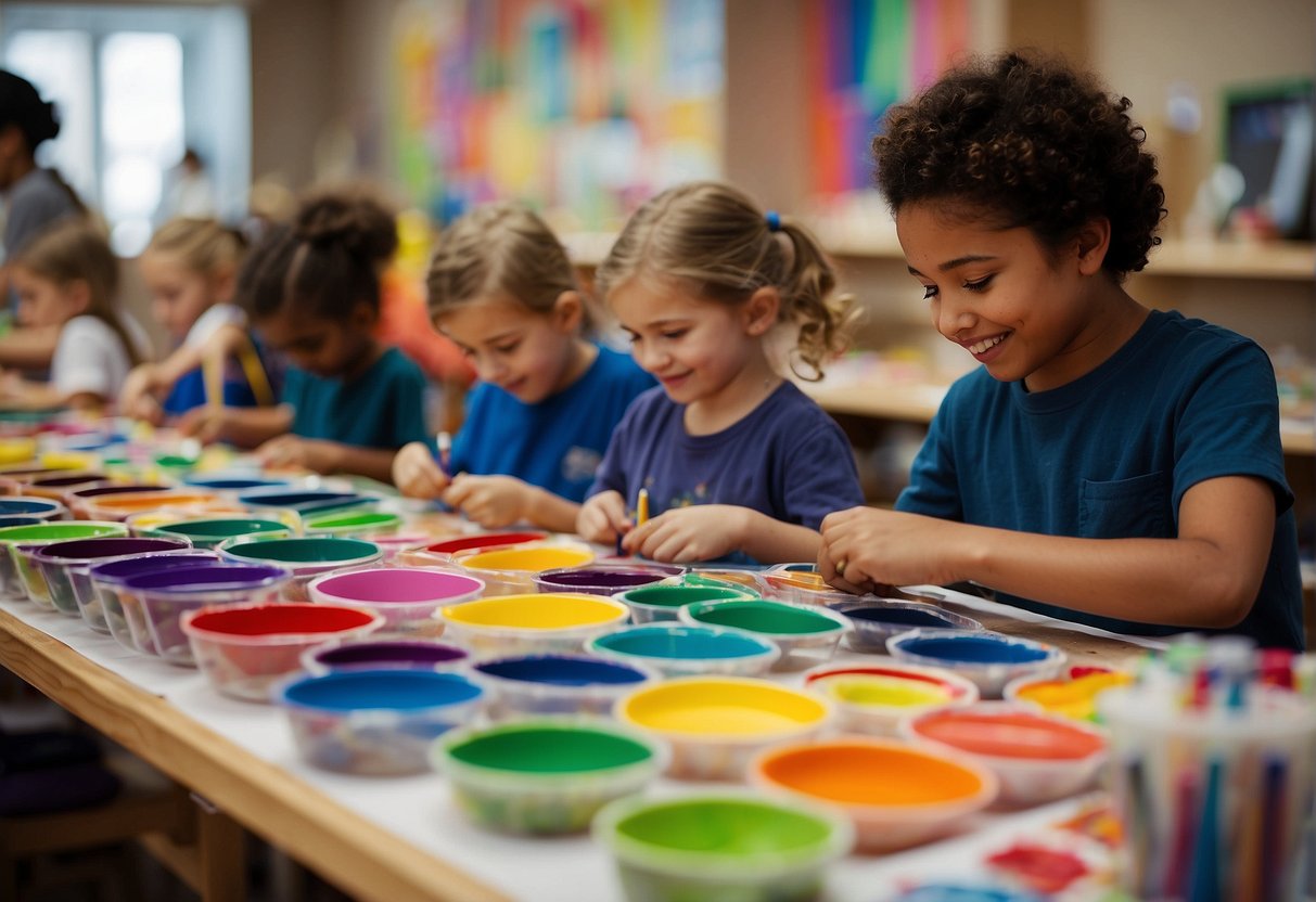 Children at craft stations, painting, gluing, and creating. Bright colors, smiling faces, and hands busy with scissors and paper. Tables filled with art supplies and finished masterpieces on display