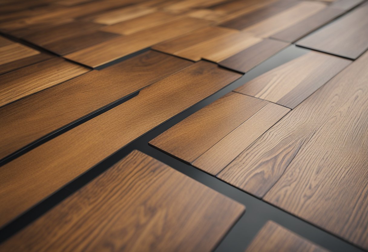 A close-up of laminate flooring showing the difference between beveled and square edge types, with emphasis on the distinct angles and edges of each type