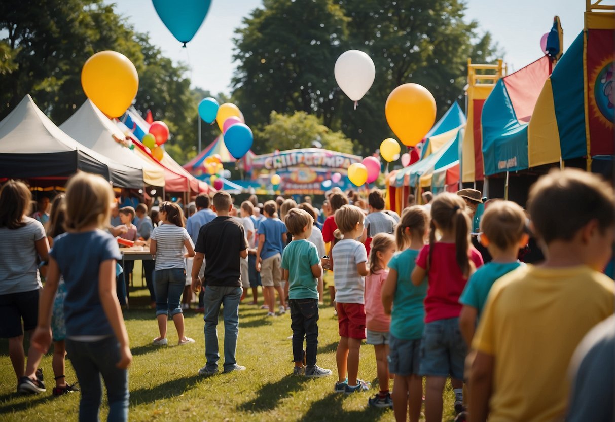 Colorful game booths line the festival grounds, with children eagerly participating in various activities like ring toss, bean bag toss, and balloon darts