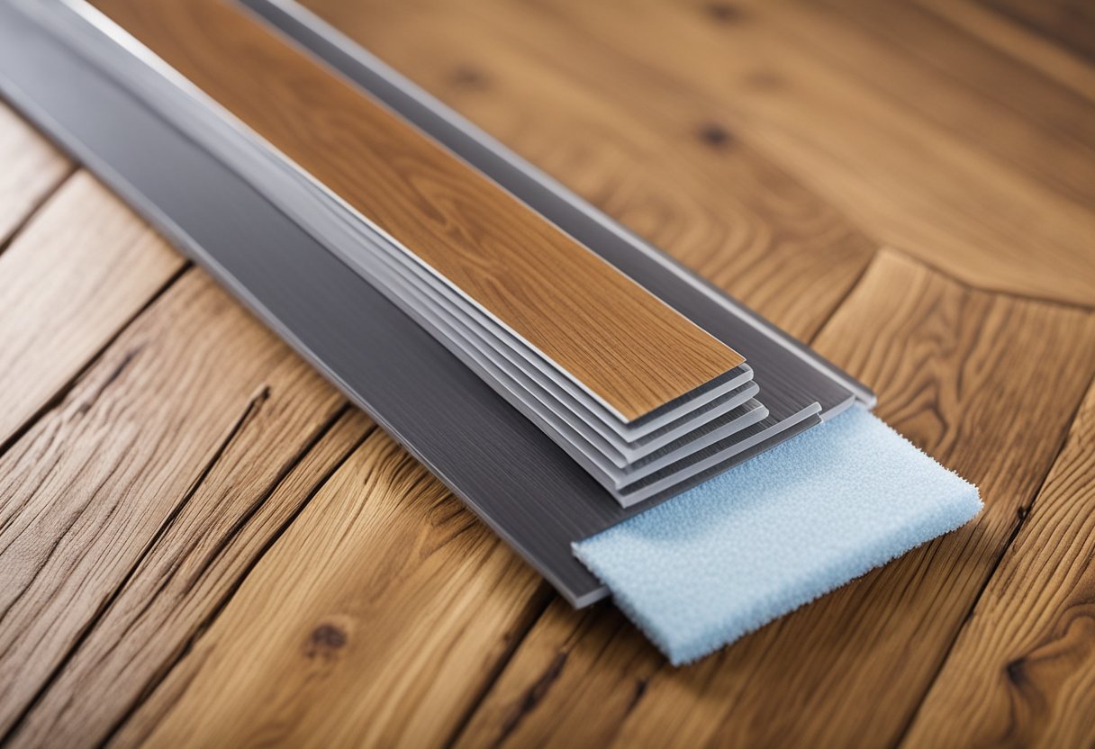 A beveled edge laminate plank sits next to a square edge plank. A maintenance kit with cleaning solution, microfiber cloth, and felt pads is nearby