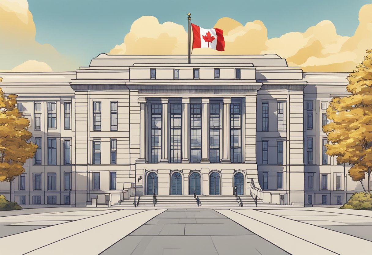 A Canadian flag waving in front of a government building, with a golden visa symbol displayed prominently