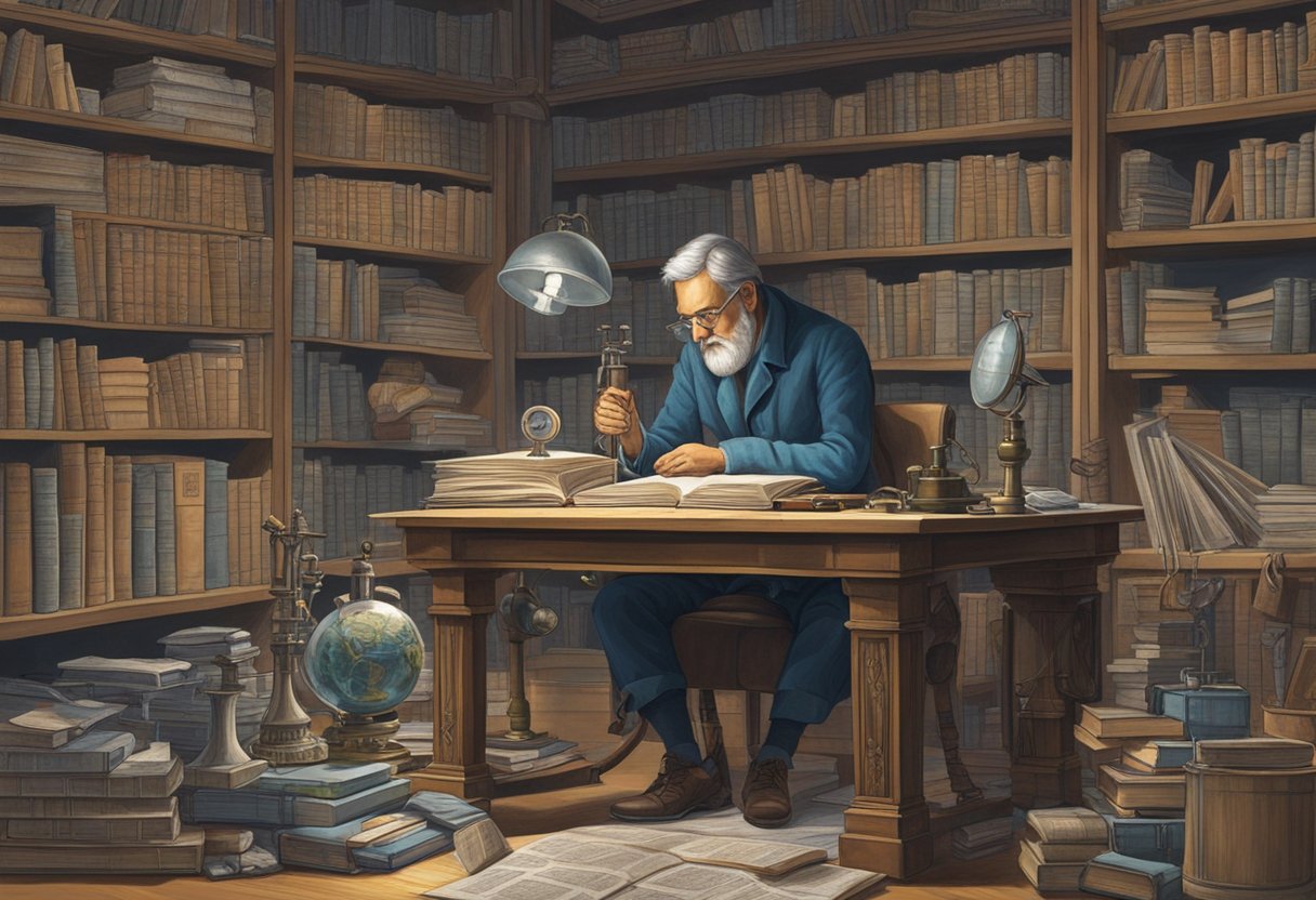 A figure contemplates war amidst books and scientific instruments