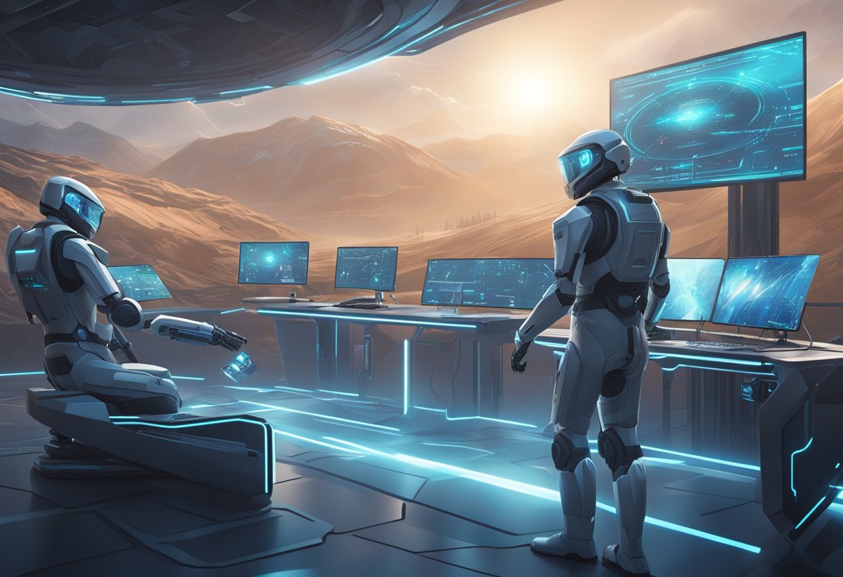 A futuristic studio with advanced technology, holographic screens, and robotic equipment. The atmosphere is intense, with a focus on war-related topics