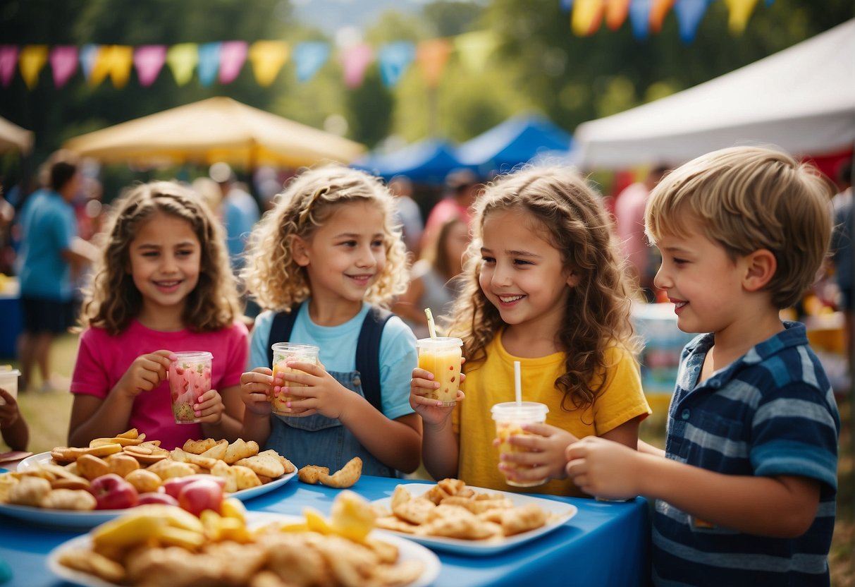 Children enjoying a variety of colorful snacks and drinks at a festival, with food stands, picnic blankets, and playful decorations creating a lively and inviting atmosphere