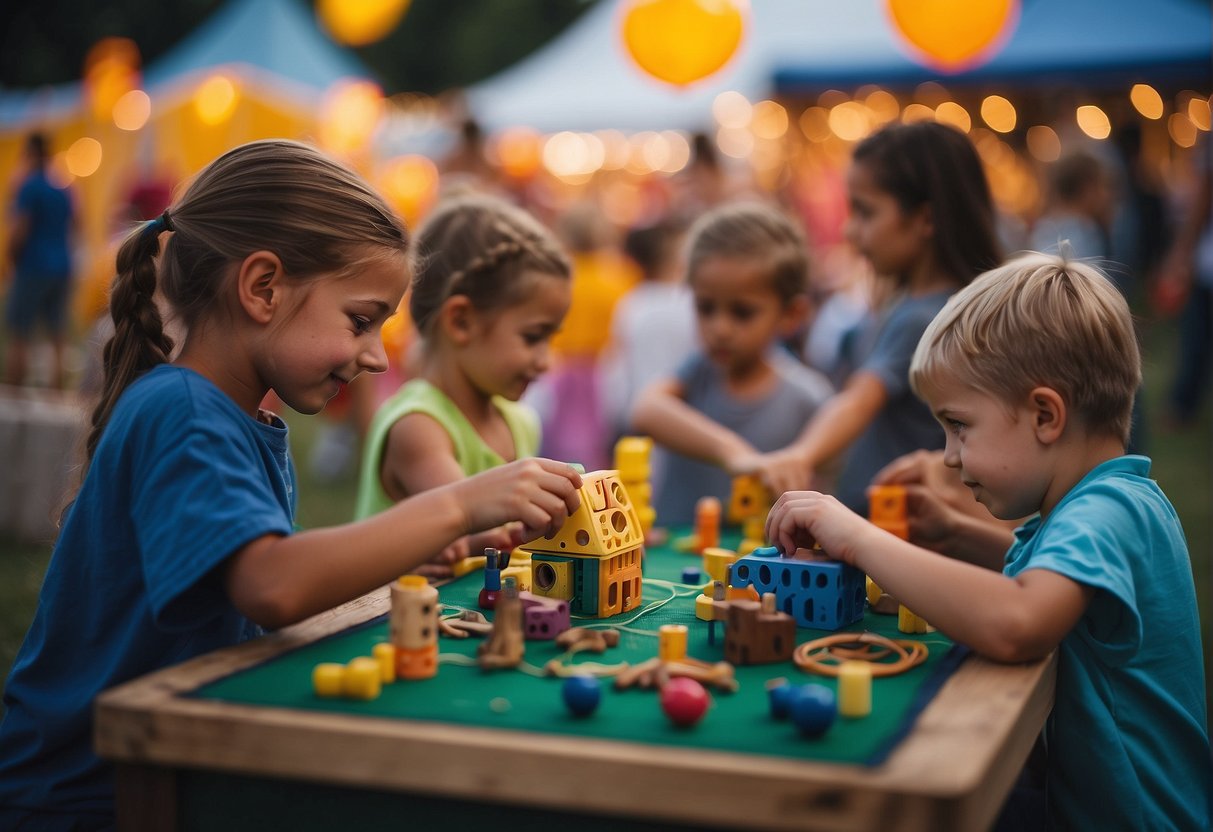 Children playing games, making crafts, and posing with props at a festival. Decorative backdrops and colorful displays add to the festive atmosphere
