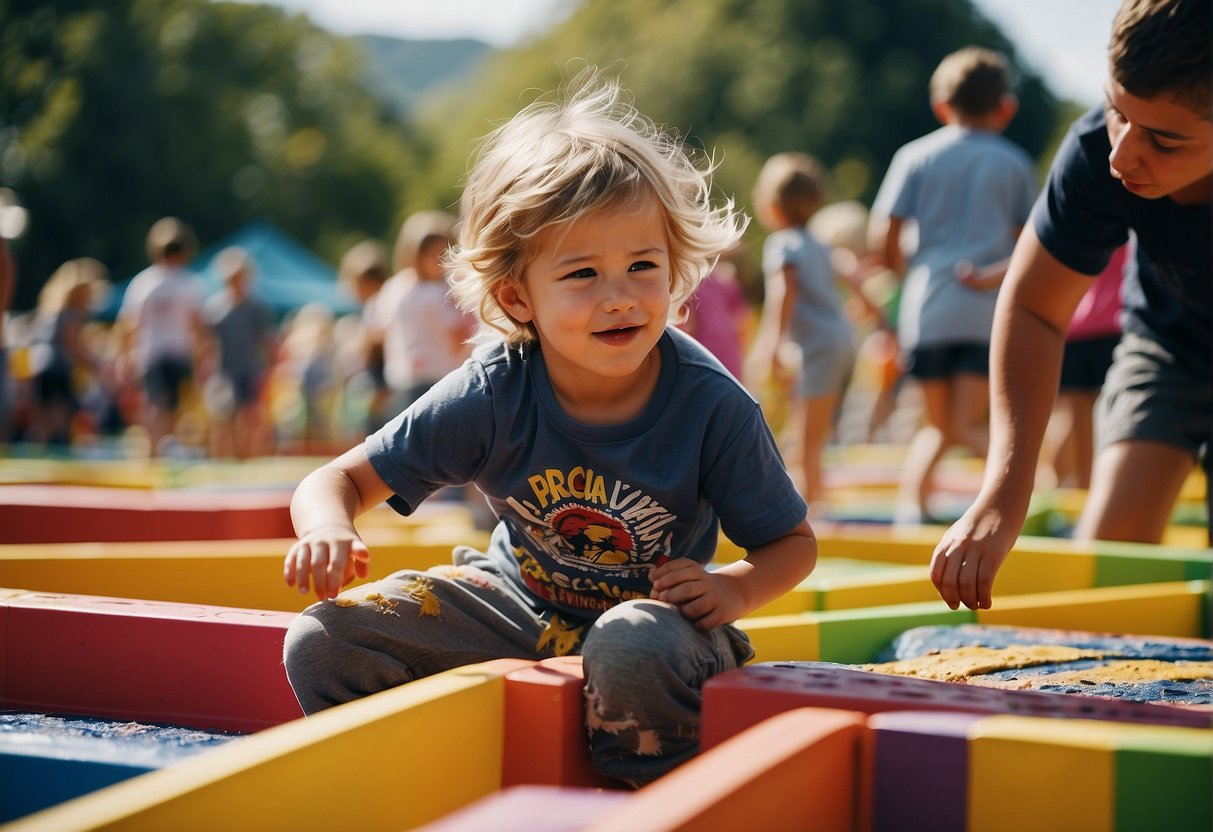 Children actively play and explore a colorful obstacle course, a sensory garden, and a messy art station at the festival