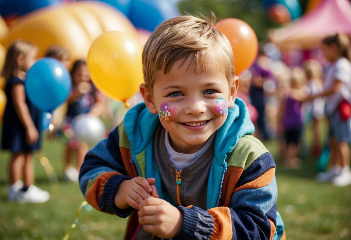 Children enjoying a variety of activities: face painting, balloon animals, arts and crafts, interactive games, and live performances on a colorful festival ground