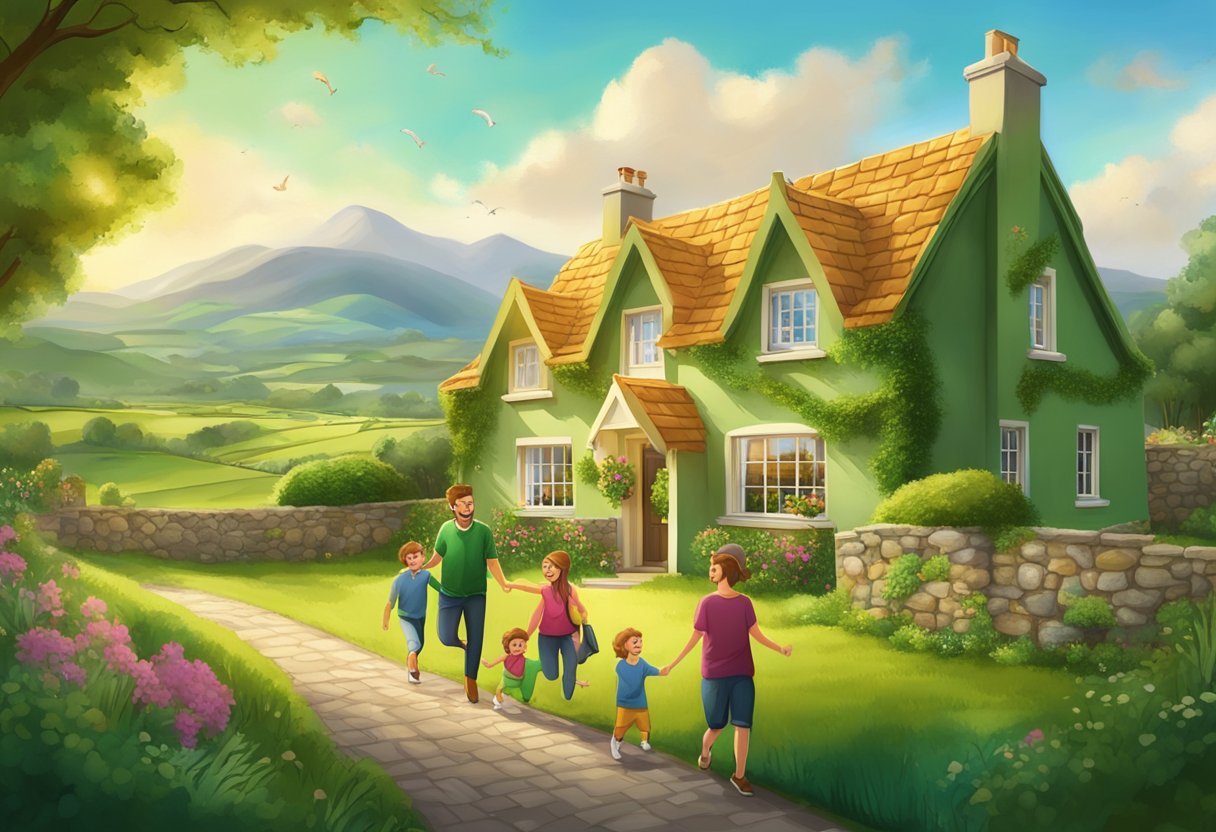 A family celebrates receiving their Golden Visa for Ireland, surrounded by a lush green landscape and a traditional Irish cottage