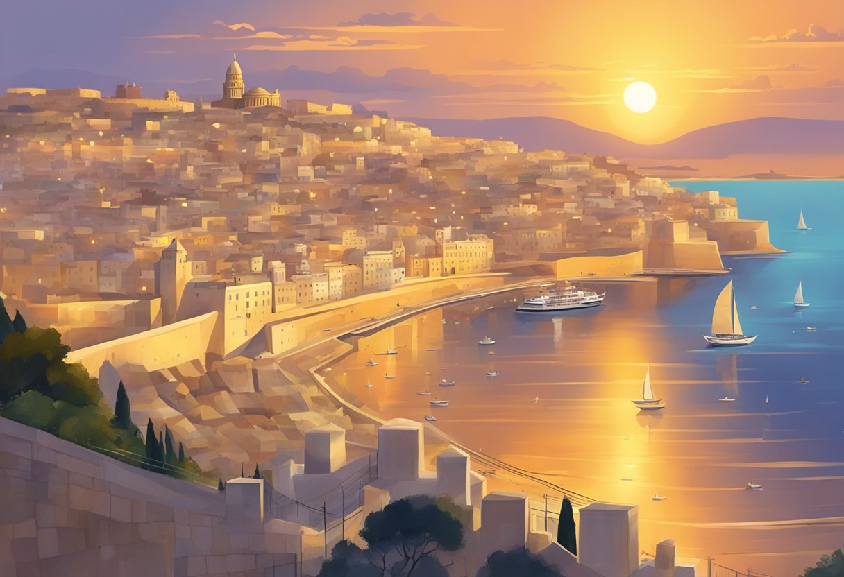 A golden sunset over the Maltese coastline, with a view of the iconic Valletta skyline and a shimmering sea dotted with sailboats