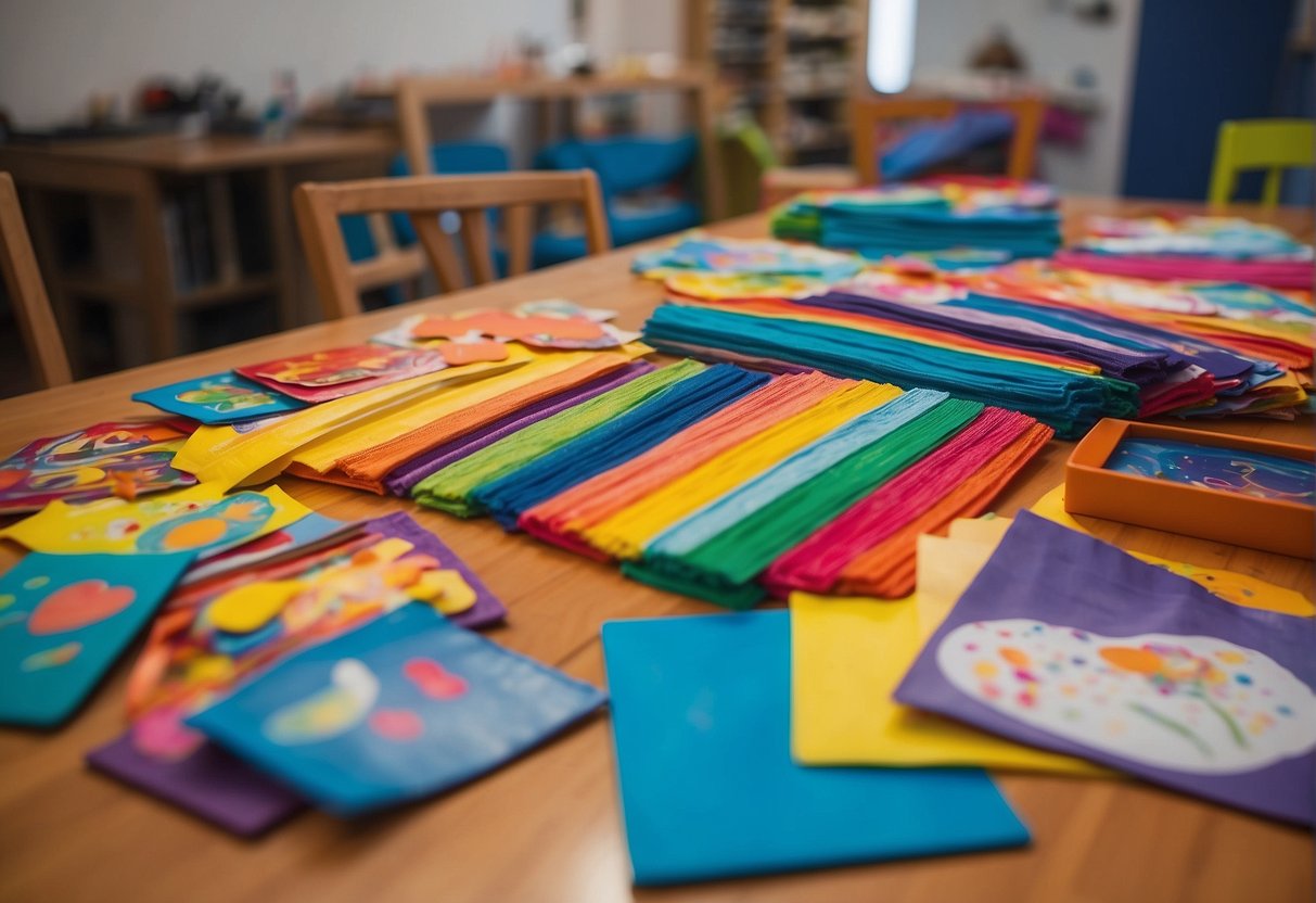 Brightly colored children's artwork laid out on a table, with various display options and materials such as colorful frames, hooks, and string, scattered around