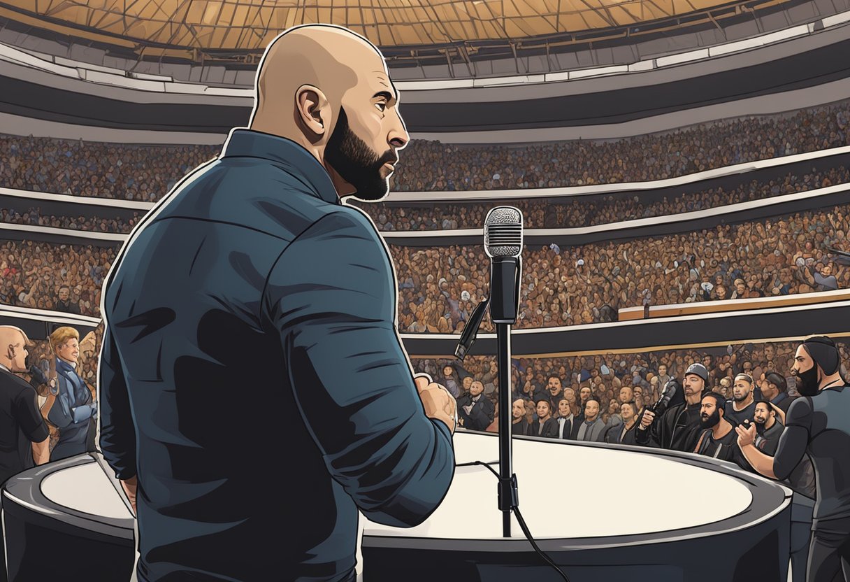 Joe Rogan interviews WWE superstars in a packed arena