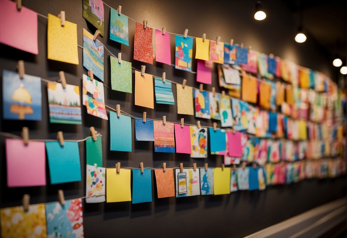 Colorful children's artwork hangs from clips, magnets, and string on a gallery wall. Frames, washi tape, and clothespins add variety