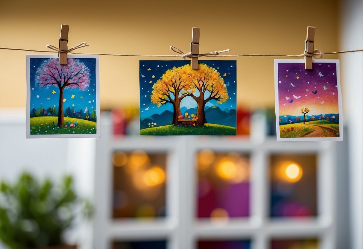 Colorful children's artwork hung on a wire with mini clothespins, against a bright backdrop, with a mix of framed and unframed pieces