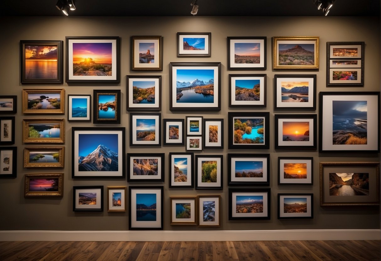 Colorful artwork displayed on a wall, with various frames and sizes. Some pieces are hung with colorful clips, while others are showcased on a wire display