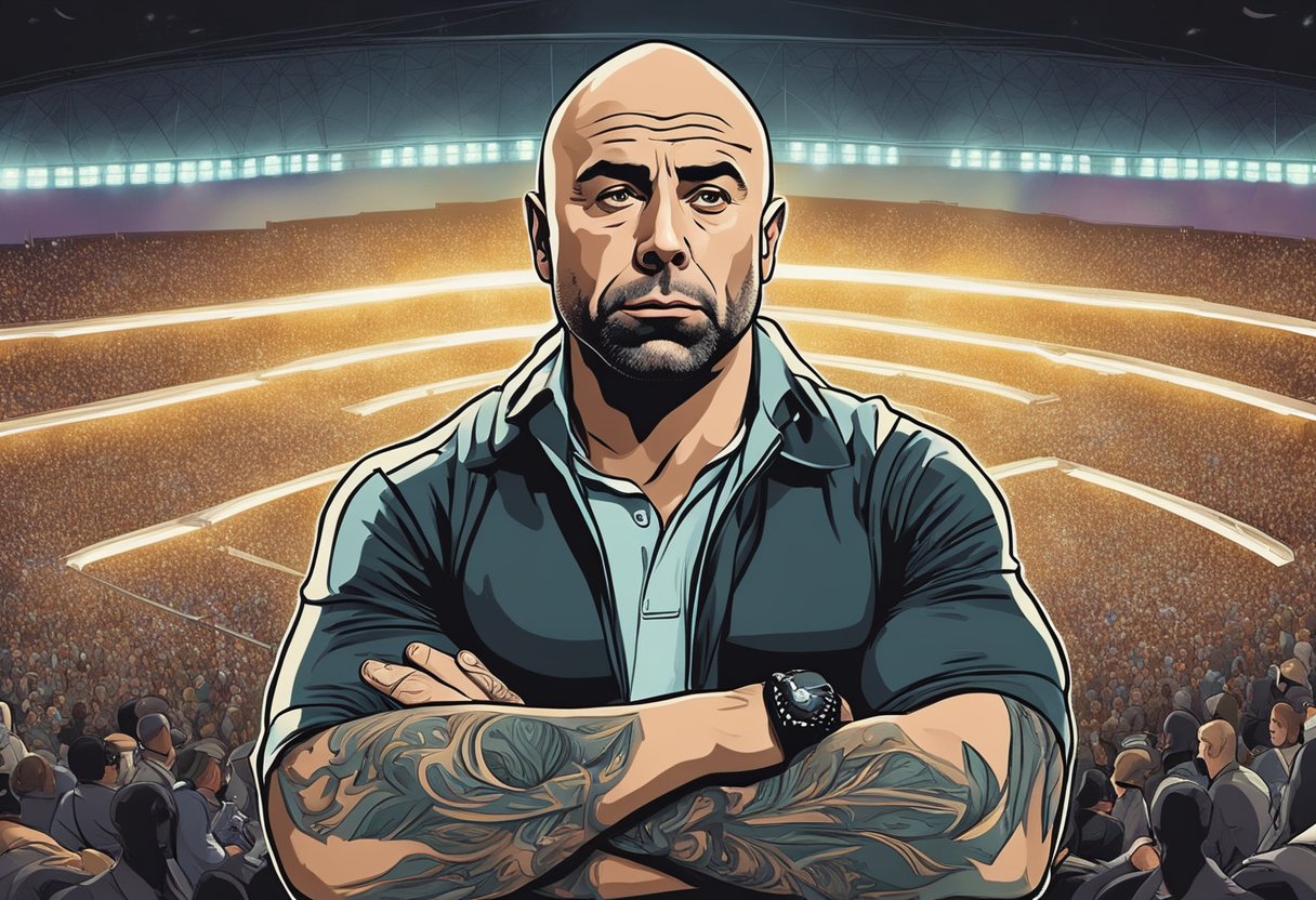 Joe Rogan's voice reverberates through the WWE arena, captivating the audience with his powerful presence and thought-provoking commentary