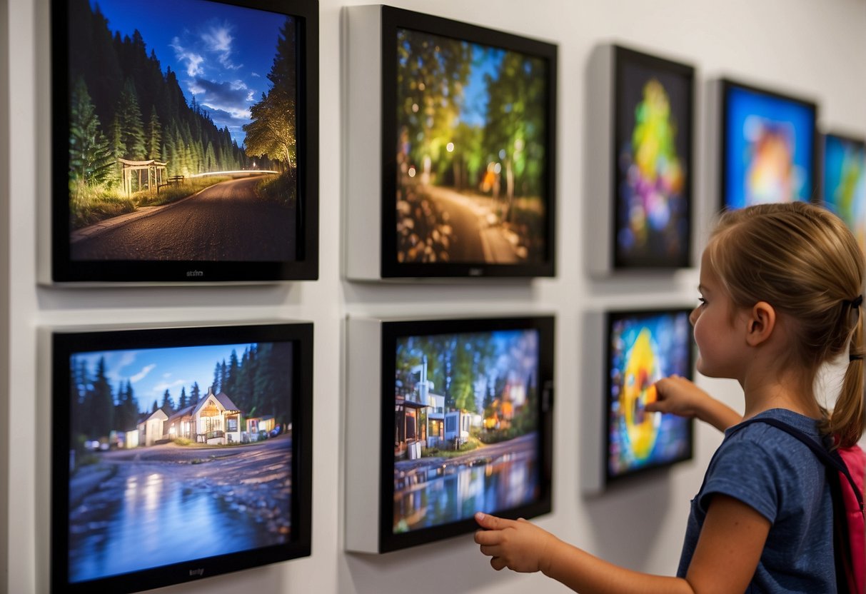 Children's artwork displayed on digital screens, with parents using technology to preserve and hang up their creations