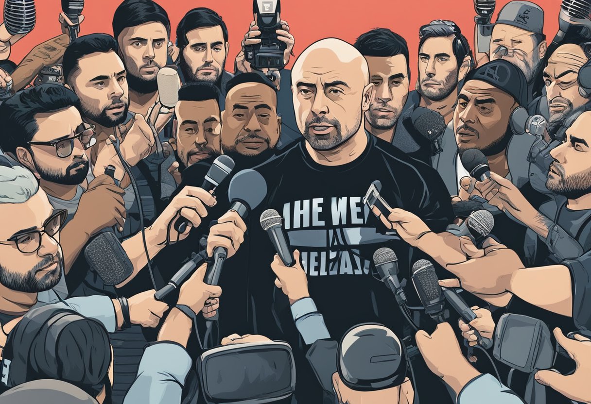 Joe Rogan speaks passionately about WWE on a podcast, surrounded by microphones and cameras. Media outlets report on his controversial comments, sparking public debate