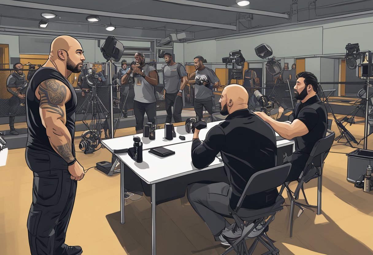 Joe Rogan interviews WWE superstars in a backstage area, surrounded by production equipment and staff. The atmosphere is energetic and intense, with wrestlers preparing for their matches in the background