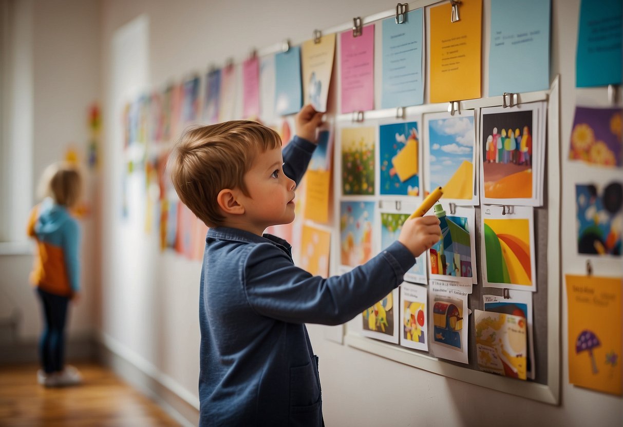 Colorful children's artwork hung on a wall with labeled hooks for easy rotation. A parent holds a clipboard with maintenance tips