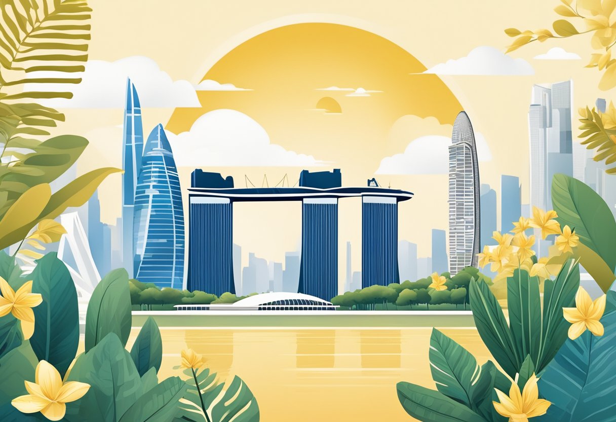 A gleaming golden visa card with the Singaporean flag in the background, surrounded by iconic landmarks like the Marina Bay Sands and the Gardens by the Bay