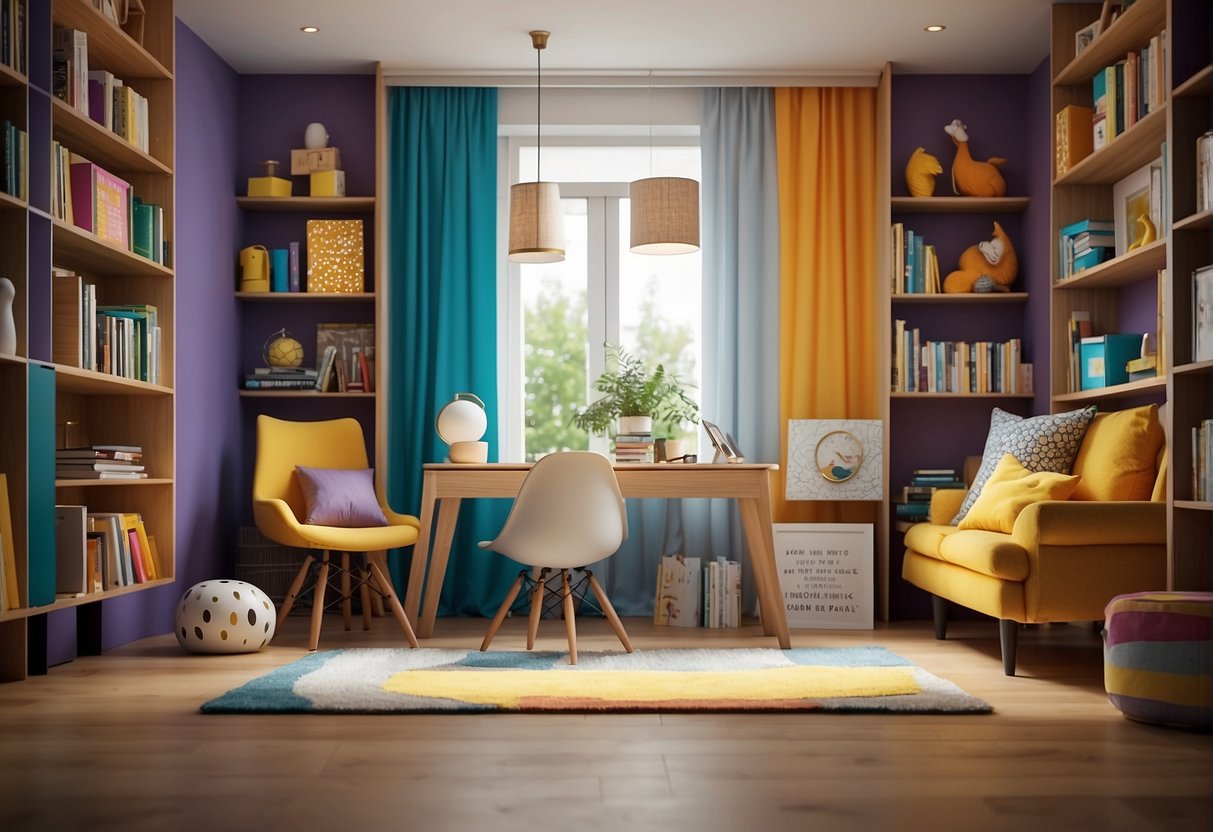 A room with two separate areas for play and sleep, divided by a colorful curtain or bookshelf. Bright colors and fun patterns decorate the space
