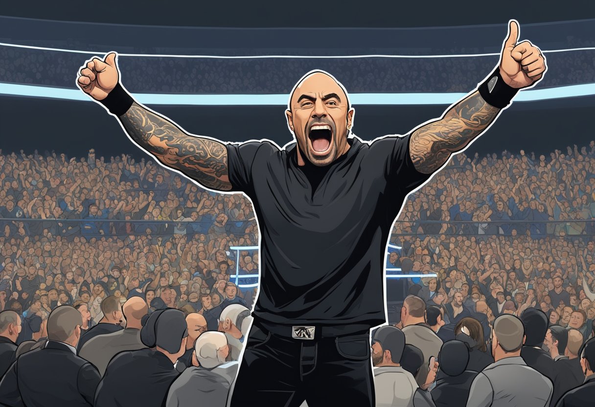 Joe Rogan enthusiastically commentates on a WWE match, gesturing with excitement as the crowd roars in the background