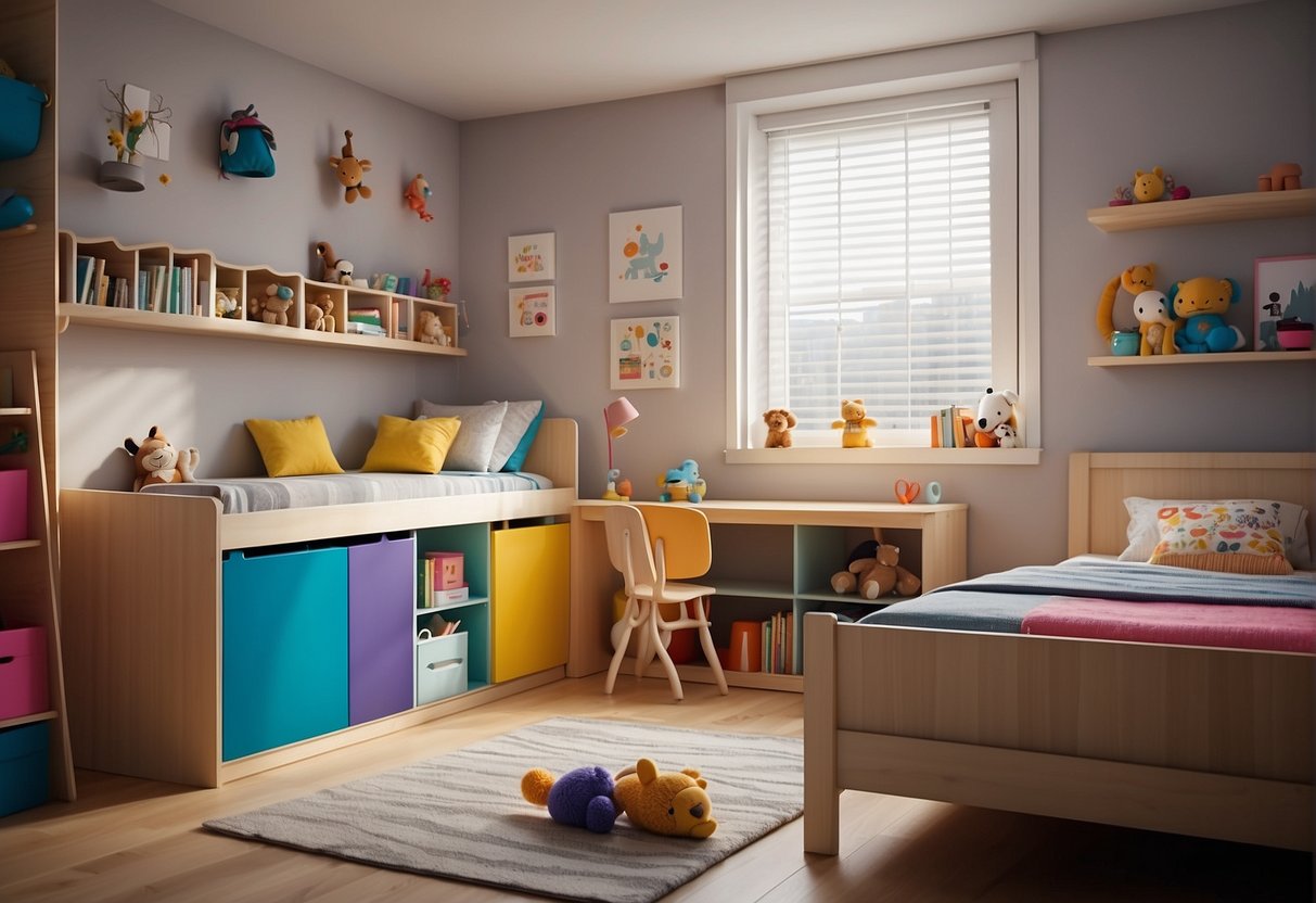Children's room with toys scattered, two beds on opposite sides, a colorful divider to create separate spaces, and shelves for storage
