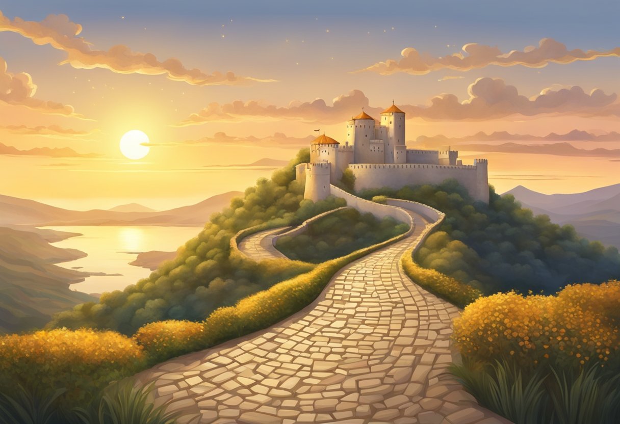 A golden sun rises over a winding path leading to a Spanish castle, symbolizing renewal and the journey to citizenship