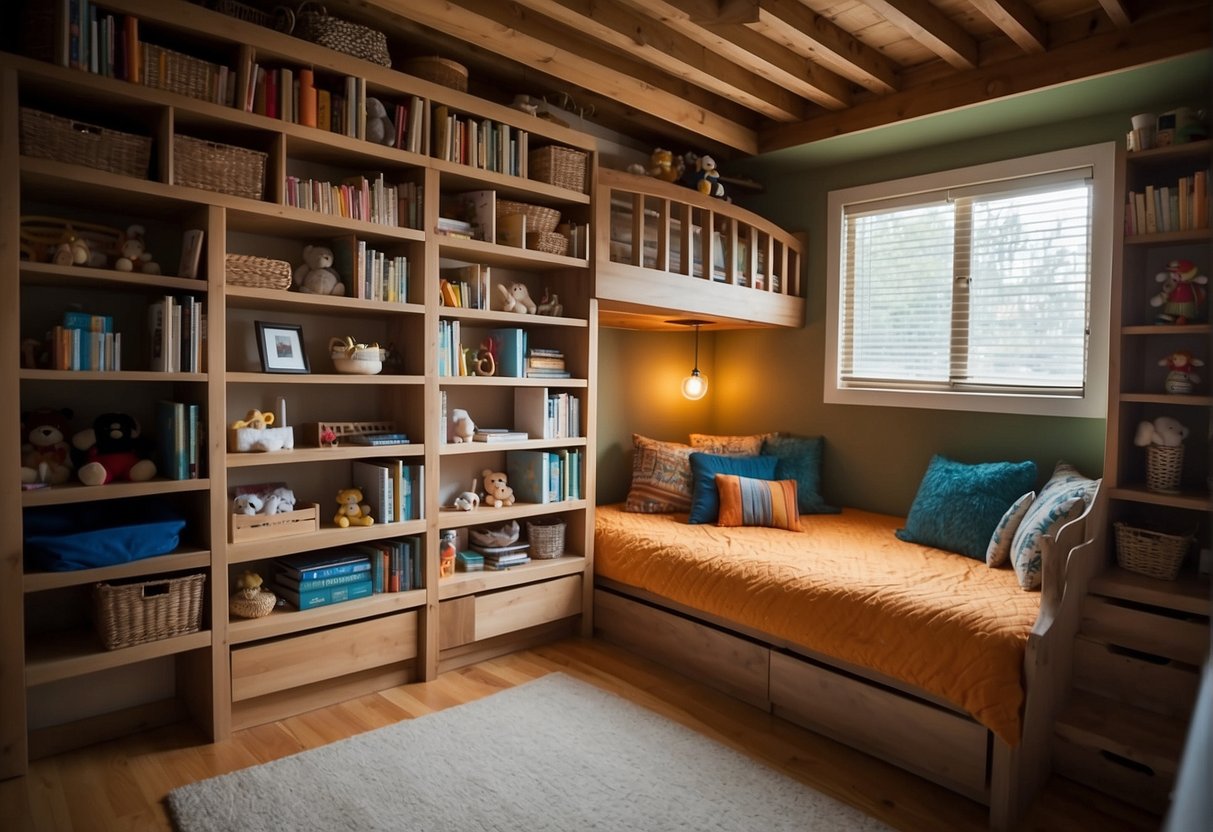 Colorful shelves and hanging organizers divide the room, storing toys and books. A loft bed with built-in drawers maximizes space. A cozy reading nook is nestled under the bed
