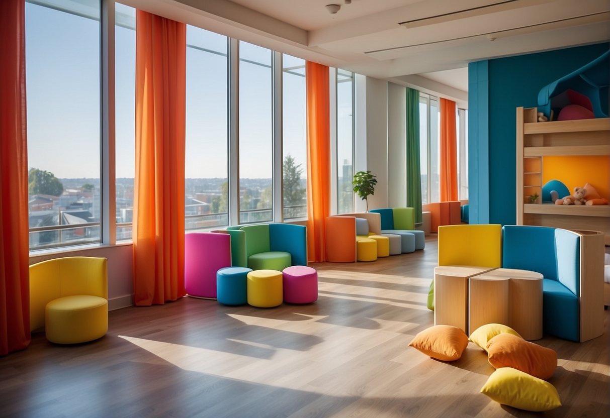 A colorful room with movable dividers creating separate spaces for play, study, and rest. Bright curtains and sliding panels offer privacy options for each child