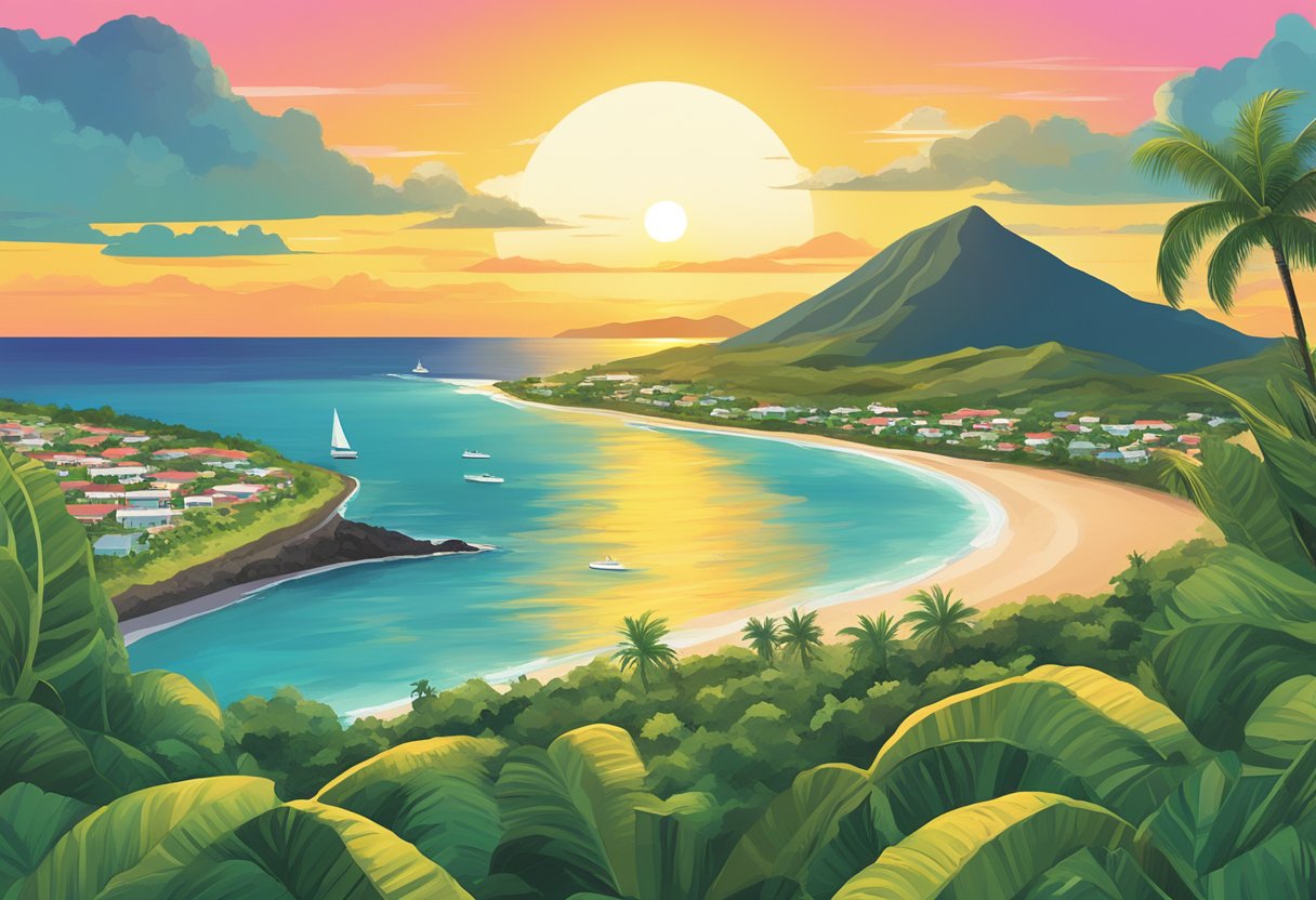 A vibrant sunset over the lush landscape of St. Kitts and Nevis, with the iconic golden visa symbol prominently displayed in the foreground