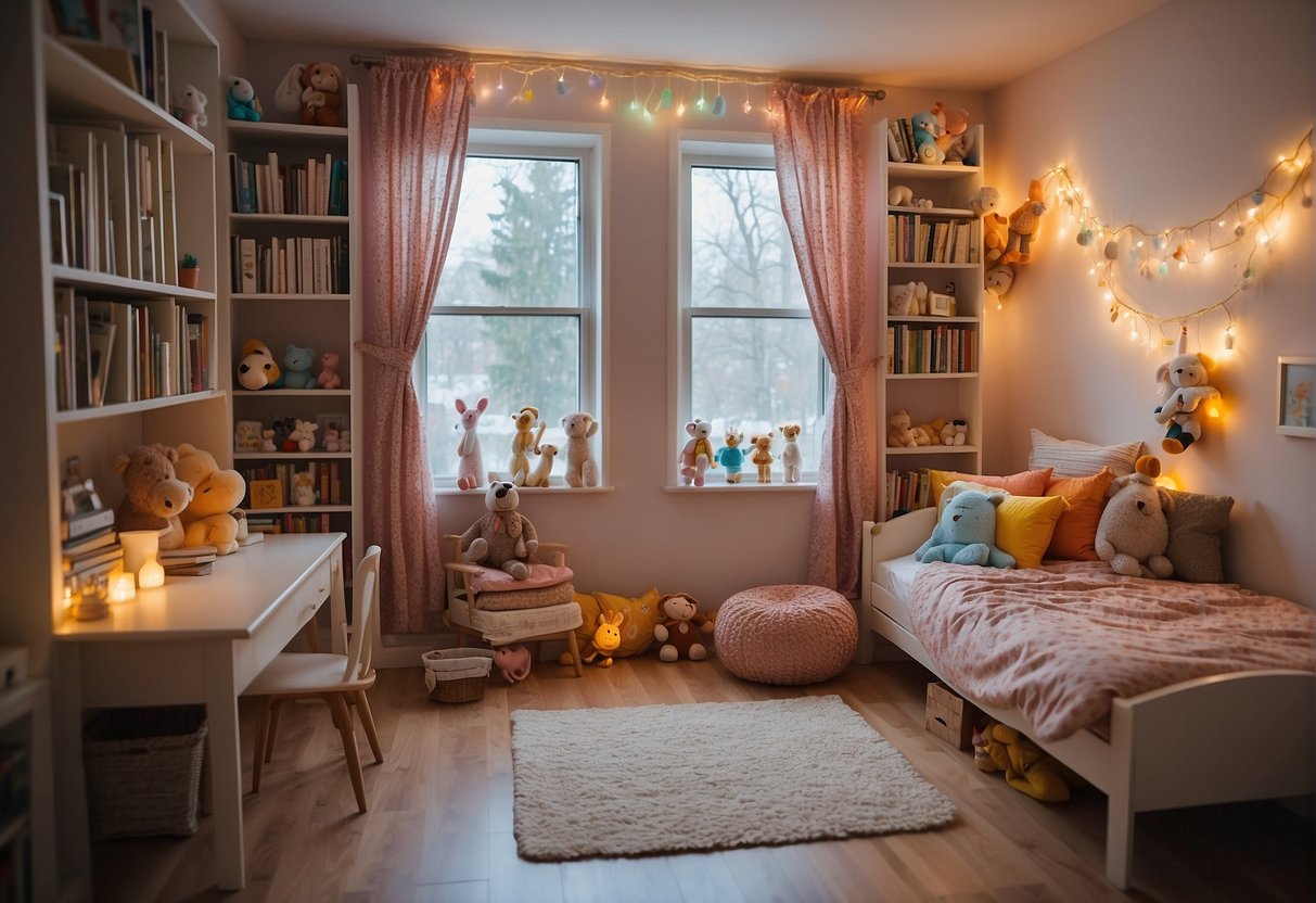 A brightly lit children's room with colorful curtains, hanging string lights, and shelves filled with toys and books