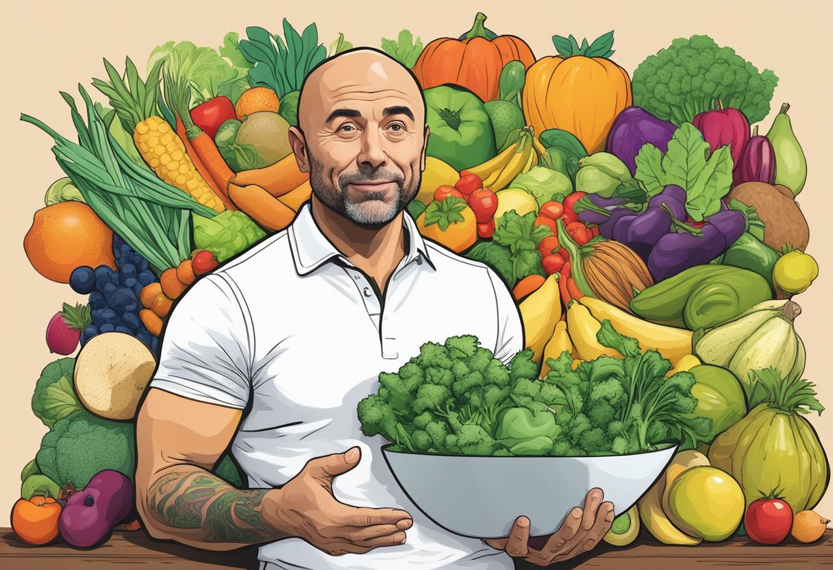 Joe Rogan discussing health and nutrition insights on vegetarians, surrounded by colorful fruits and vegetables, with a focus on vibrant, fresh produce