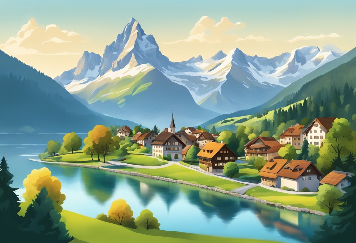 A Swiss landscape with mountains, a lake, and a quaint village, showcasing the beauty and allure of living in Switzerland