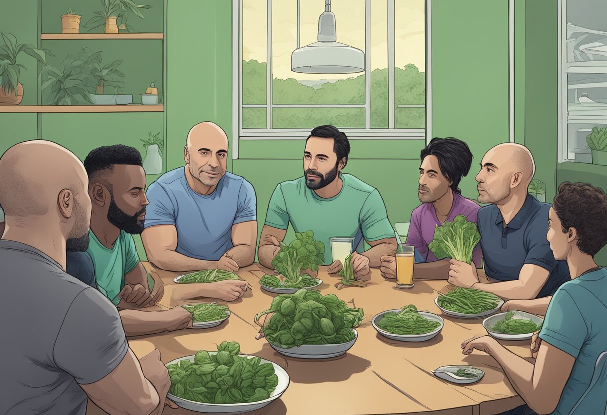 A group of people discussing health risks and benefits of vegetarianism with Joe Rogan leading the conversation