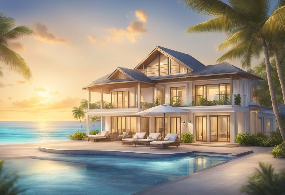 A luxurious beachfront villa in the Cayman Islands, with a golden visa displayed prominently in the foreground. The crystal-clear waters and palm trees create a stunning backdrop