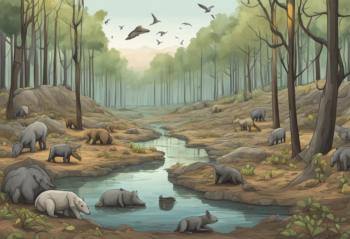 Littered forest with dead wildlife, polluted water, and barren land due to human impact
