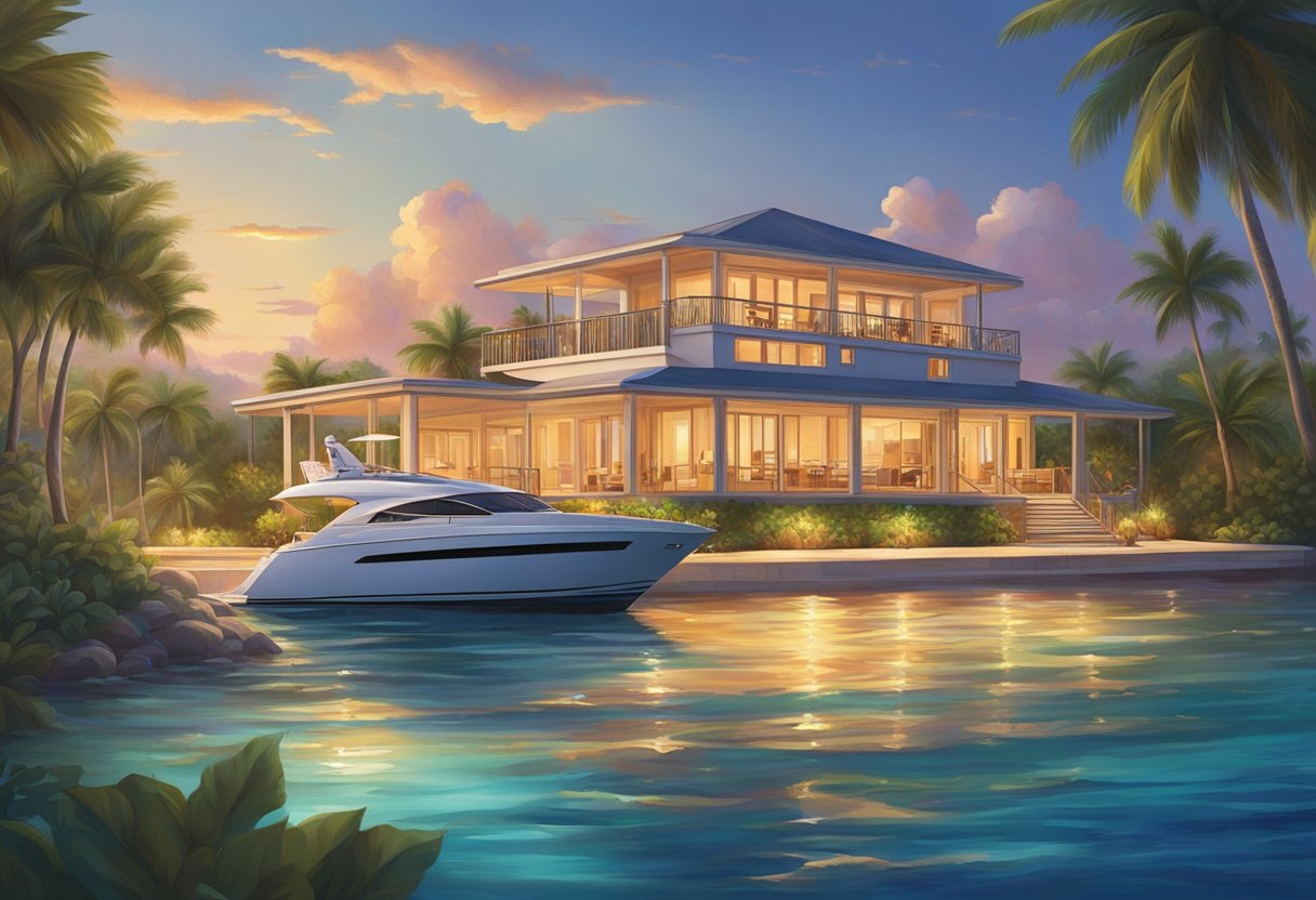 The sun sets over crystal-clear waters, illuminating the vibrant coral reefs and lush greenery of the Cayman Islands. A luxury yacht glides across the calm sea, while elegant beachfront villas dot the coastline