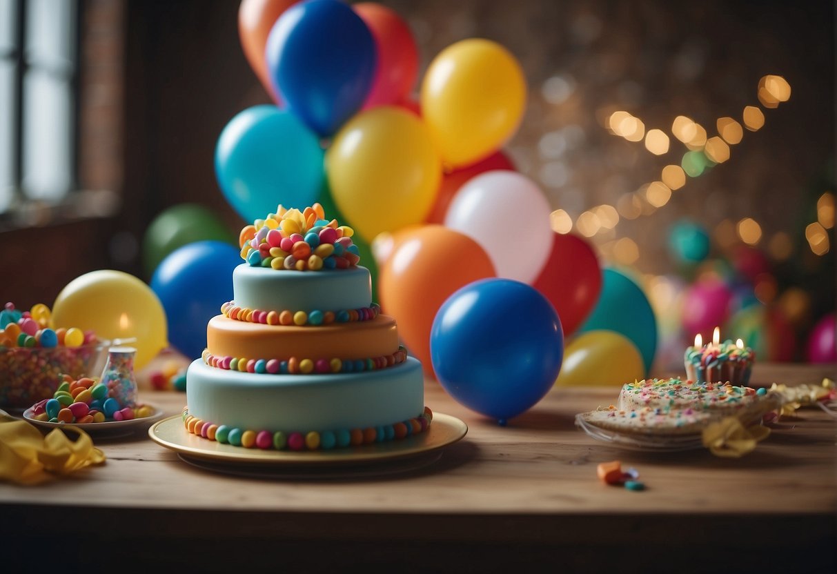 Colorful balloons, streamers, and a big birthday cake on a table. Children playing games, laughing, and opening presents. A joyful and festive atmosphere