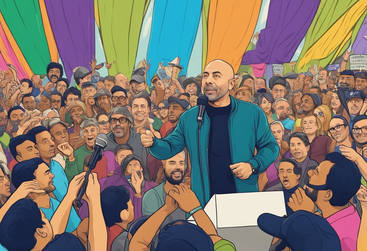 Joe Rogan discussing vegetarianism, surrounded by a crowd of curious listeners, with a microphone in hand and a backdrop of colorful banners and signs