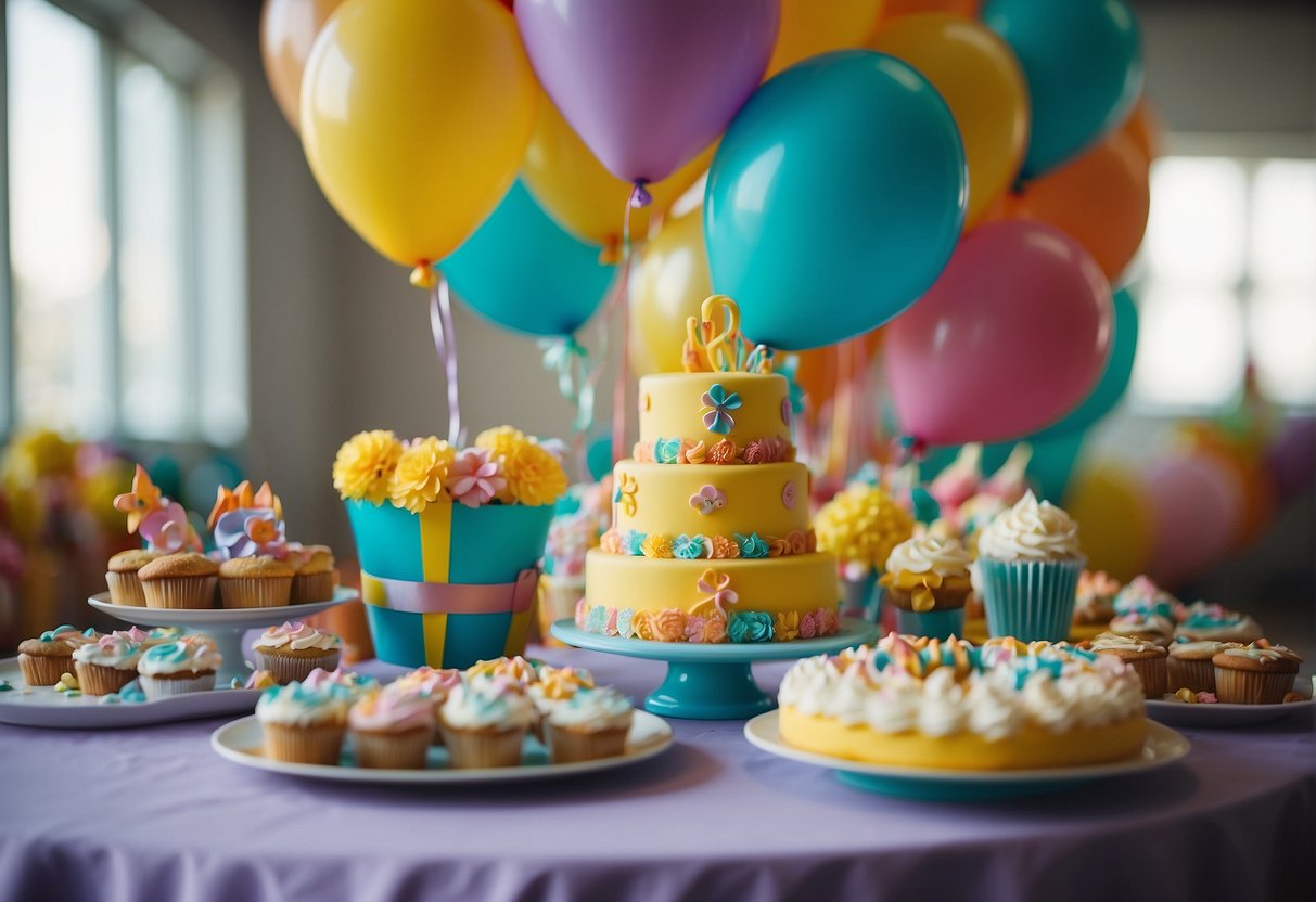 Colorful decorations, balloons, cake, and games set up in a bright, spacious room for a children's birthday party