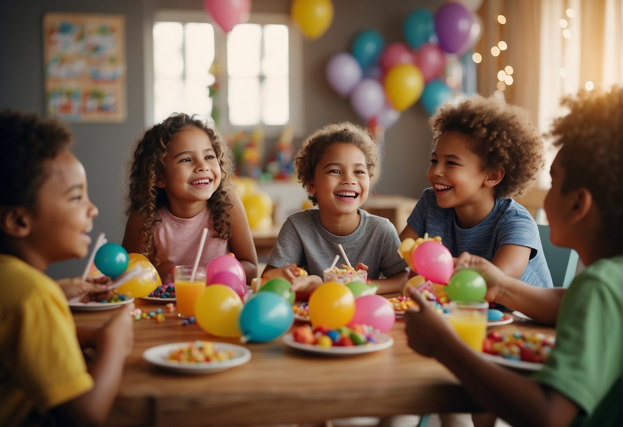 Children excitedly browse through colorful party theme options, pointing and discussing their preferences with wide smiles