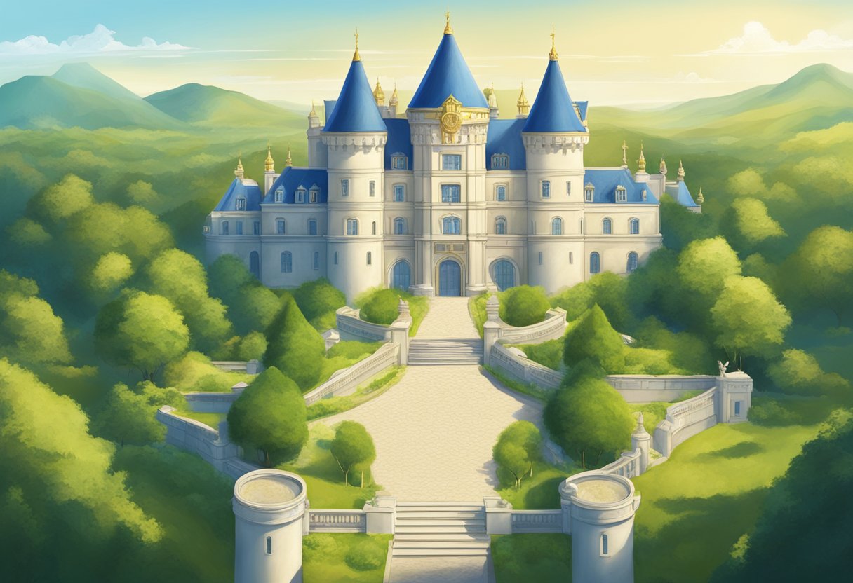 A grand castle with a golden visa emblem displayed prominently at the entrance, surrounded by lush greenery and a clear blue sky