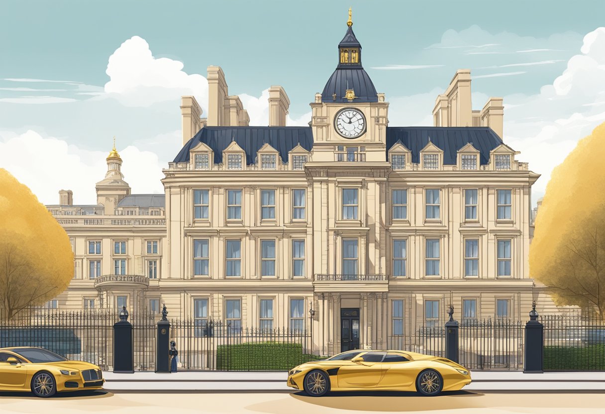 A luxurious mansion in London, with the iconic Big Ben in the background, as wealthy individuals from around the world arrive to obtain their Golden Visa for the United Kingdom