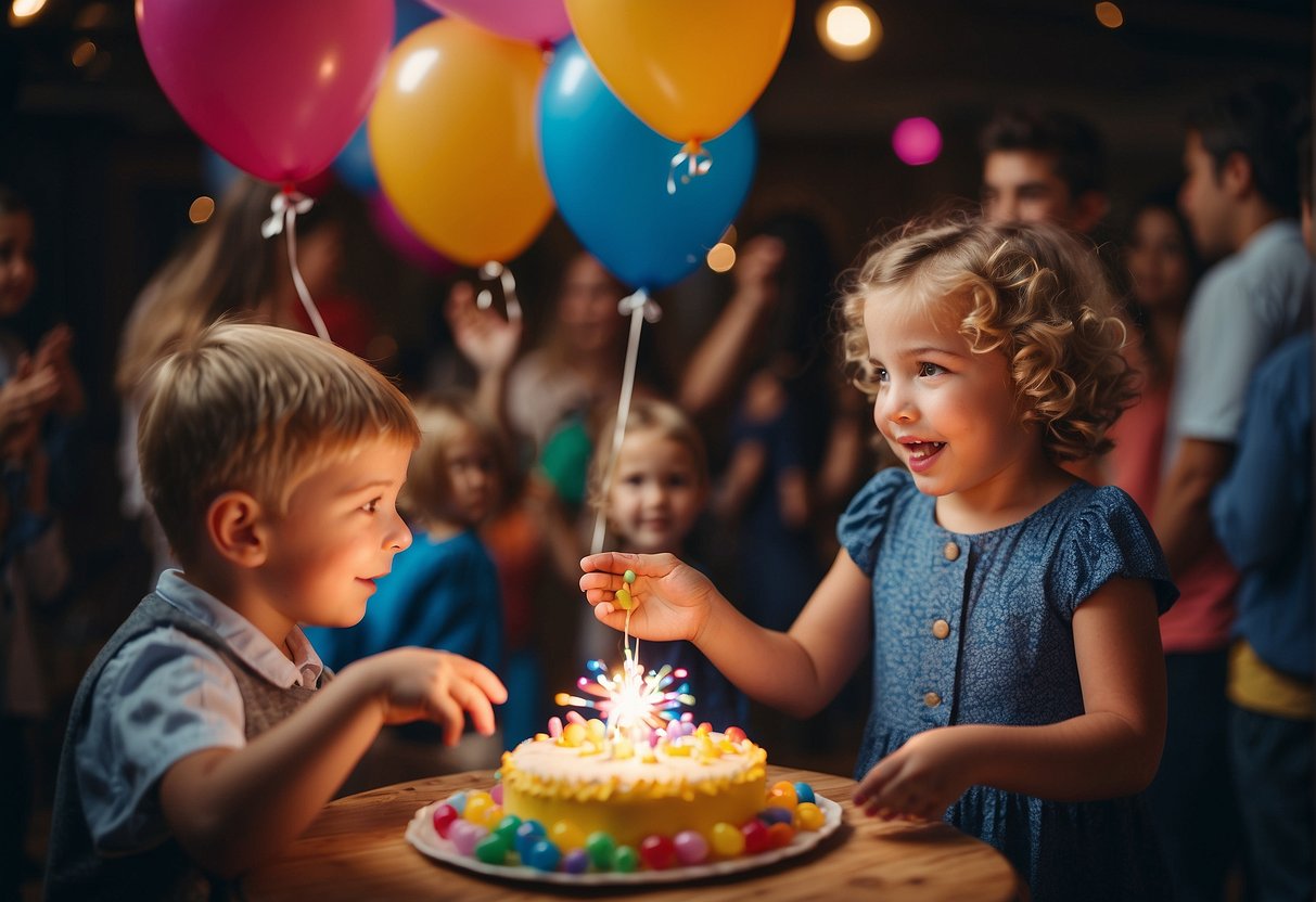 Children playing games, blowing balloons, and enjoying a magic show at a colorful birthday party