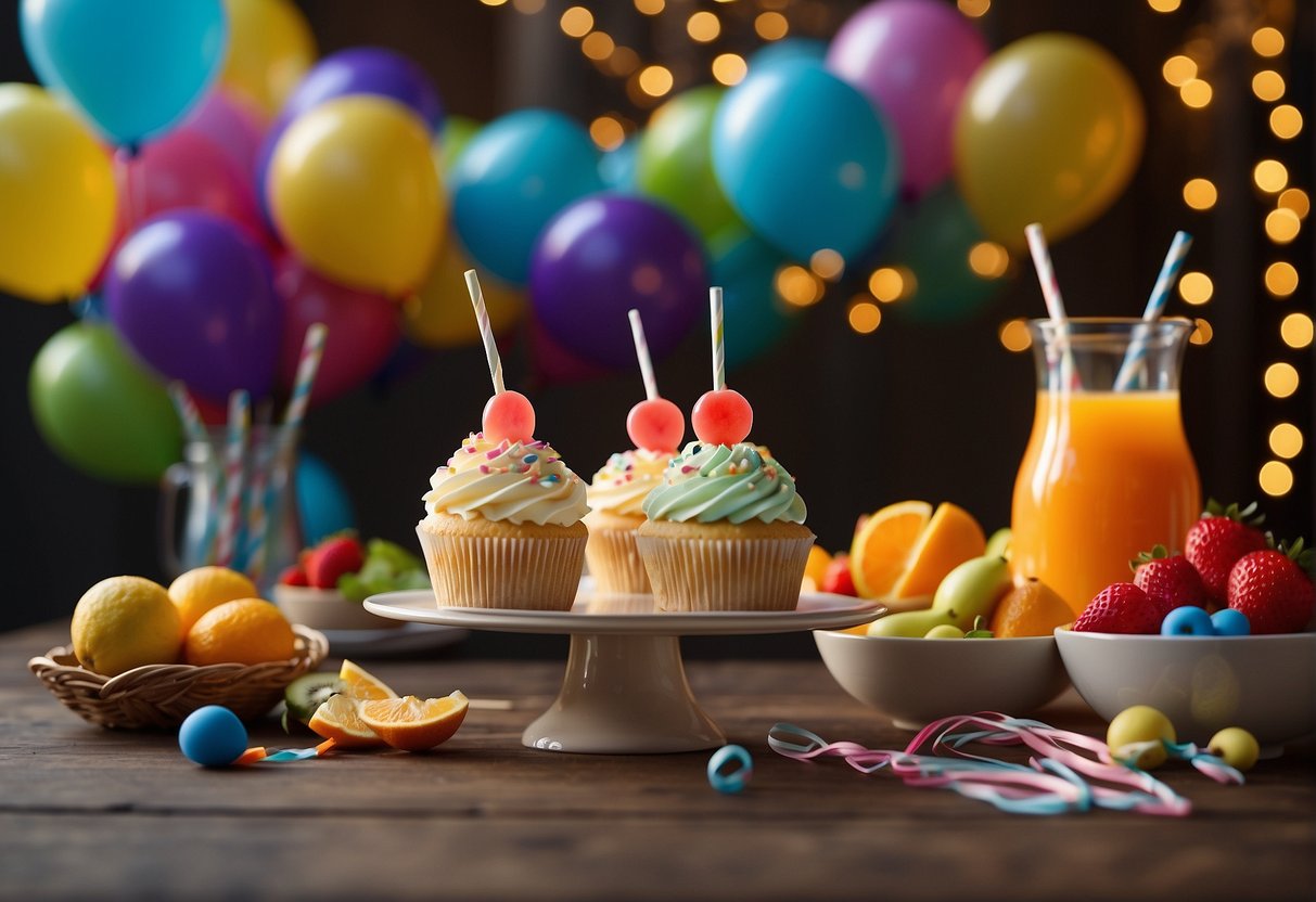 Colorful cupcakes, fruit skewers, and juice boxes on a table with balloons and streamers in the background