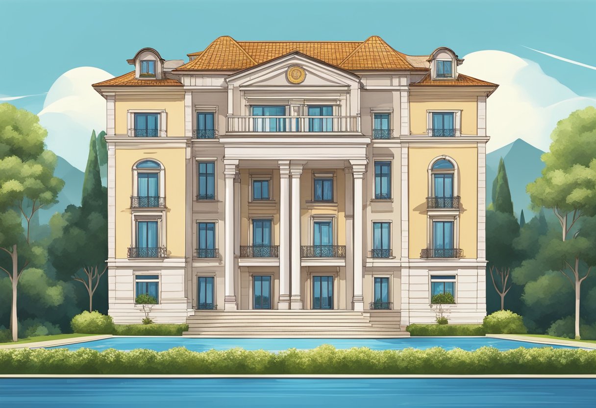 A luxurious mansion with a Turkish flag flying high, surrounded by lush greenery and a clear blue sky, symbolizing the benefits of the Turkey Golden Visa