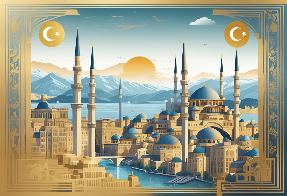 A bustling cityscape with Turkish landmarks and a golden visa symbol